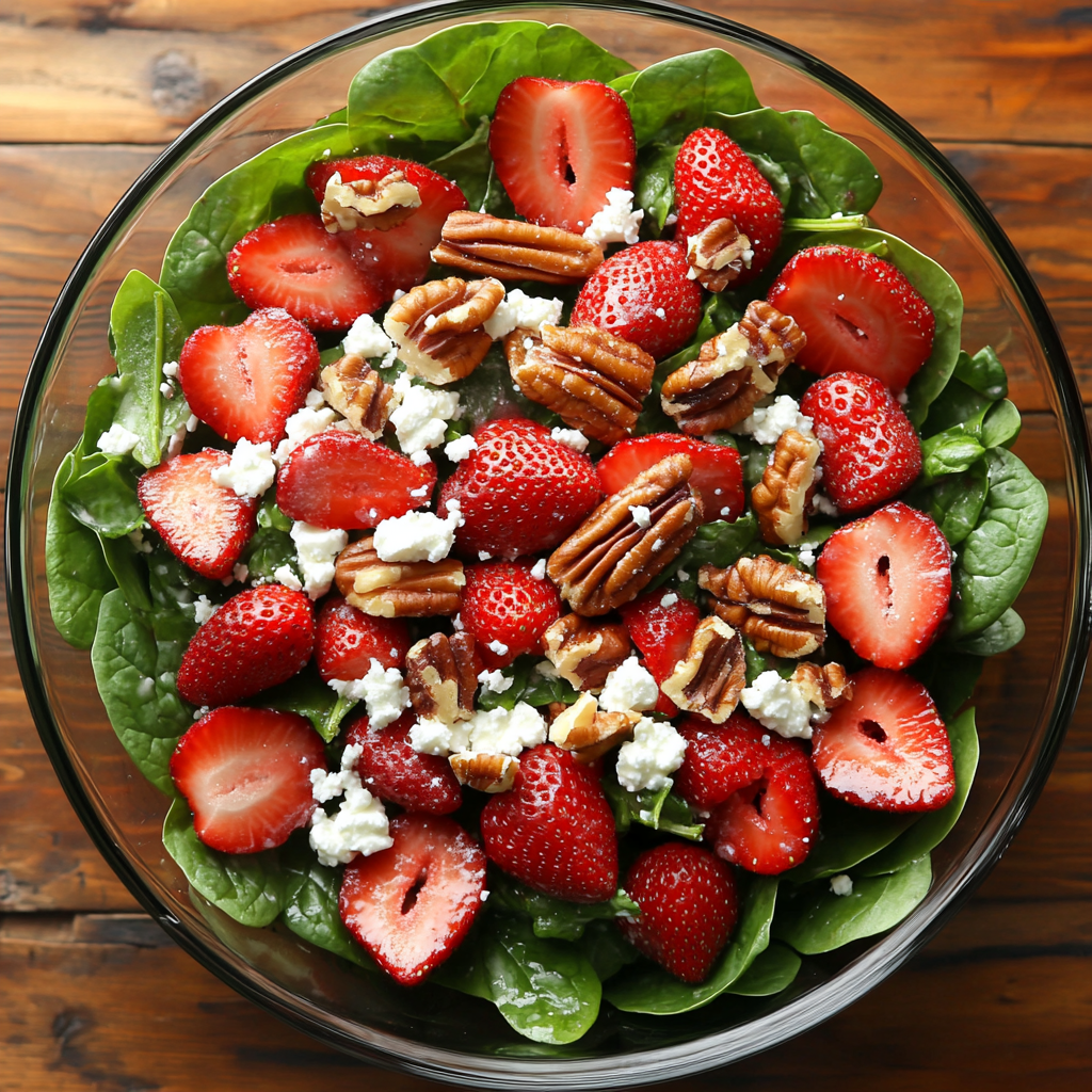 A fresh and vibrant spinach and strawberry salad served in a glass bowl on a wooden table. The salad features bright green spinach leaves, juicy red strawberries, crunchy pecans, and creamy crumbled feta cheese, creating a colorful and appetizing presentation.