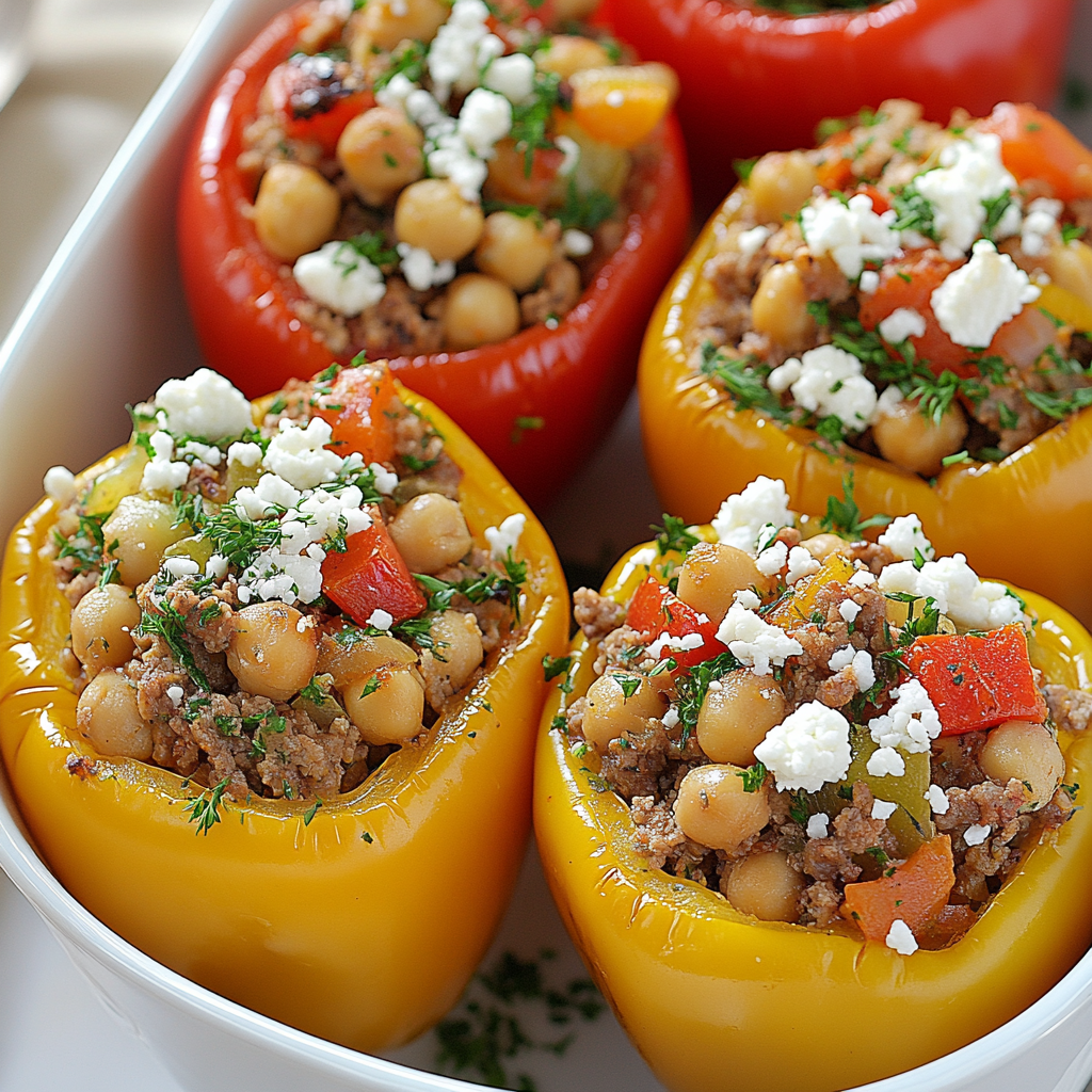 Close-up image of colorful bell peppers stuffed with a savory mixture of ground beef, chickpeas, fresh herbs, and rice, topped with crumbled feta cheese. The vibrant red and yellow peppers are arranged in a white baking dish, garnished with fresh parsley, creating a visually appetizing Mediterranean dish.
