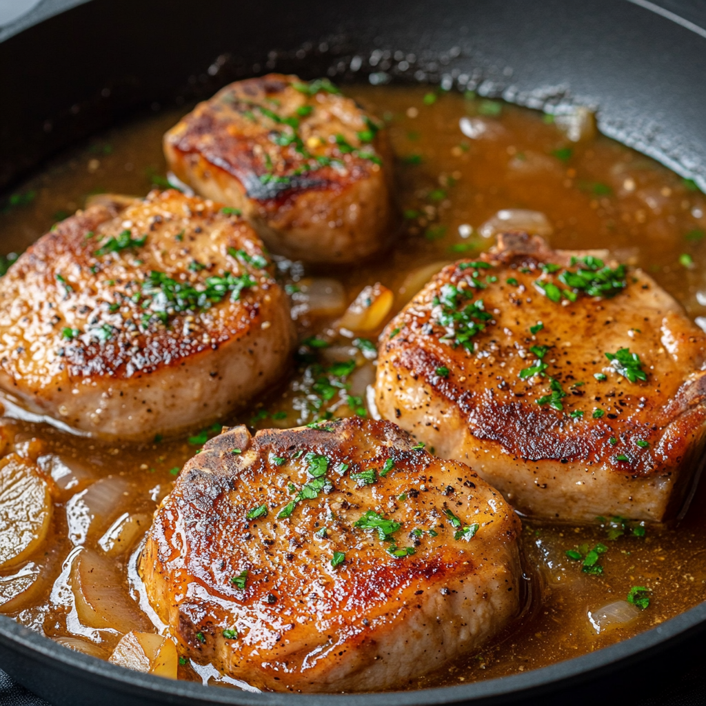 Four perfectly seared pork chops in a skillet, topped with a rich, golden-brown sweet onion gravy, garnished with fresh parsley, and surrounded by tender caramelized onions.