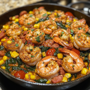 A vibrant skillet dish featuring Cajun-seasoned shrimp, seared andouille sausage, creamy spinach, corn, and cherry tomatoes, served steaming hot, creamy sauce.