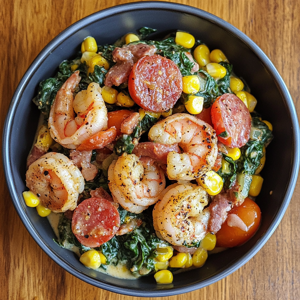 A vibrant skillet dish featuring Cajun-seasoned shrimp, seared andouille sausage, creamy spinach, corn, and cherry tomatoes, served steaming hot.