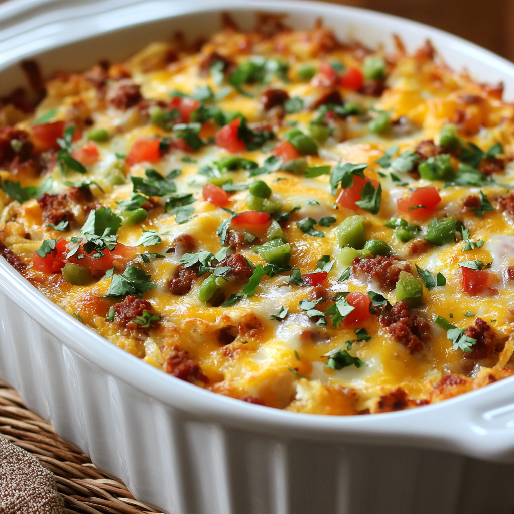 A colorful Southwestern Breakfast Casserole in a 13 x 9-inch dish, featuring golden hash browns, crumbled chorizo, melted cheese, and green chilies, garnished with fresh cilantro. Served with warm tortillas, sour cream, and a bowl of chunky salsa on the side.