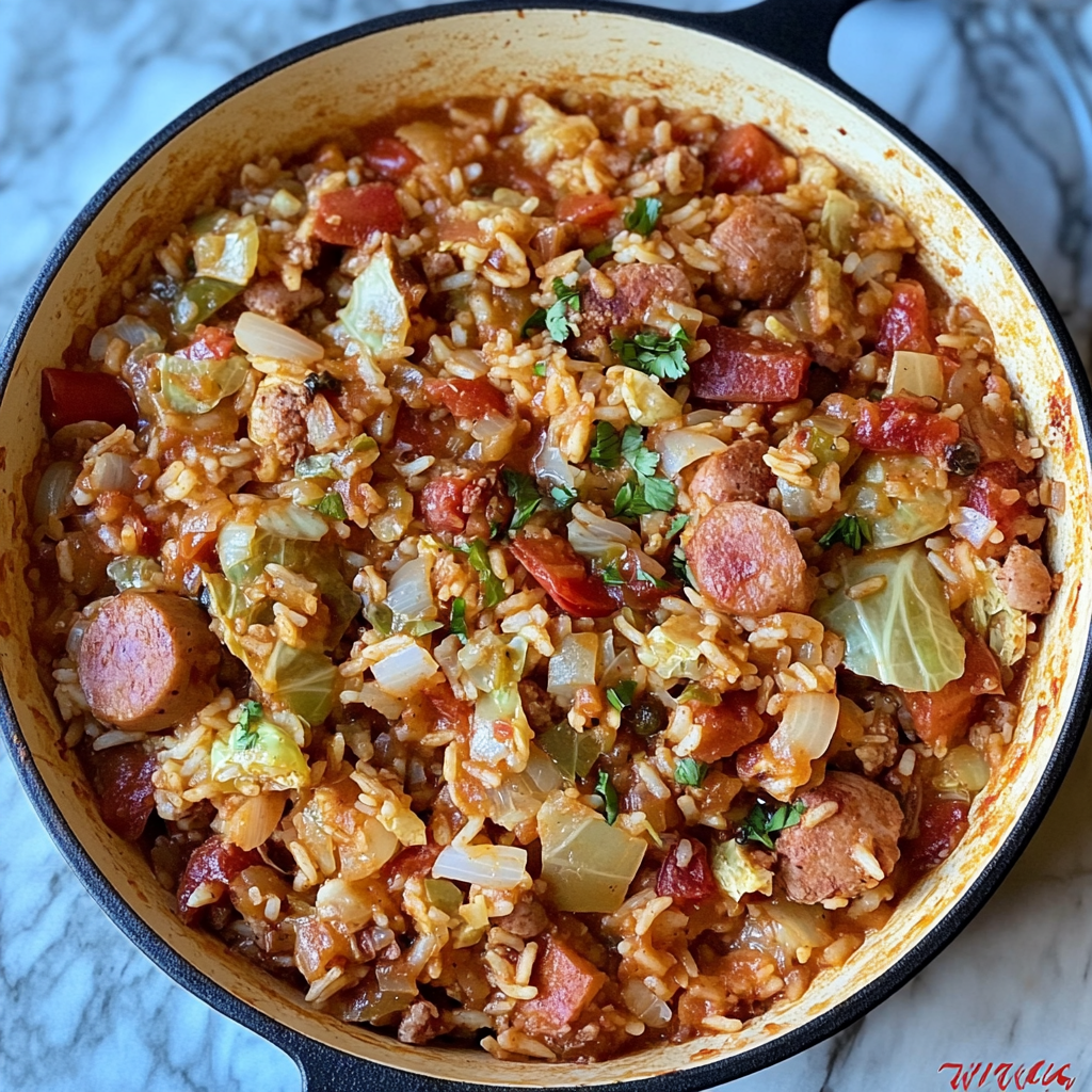 Close-up of a hearty Cajun Cabbage Jambalaya served in a rustic Dutch oven. The dish features colorful chunks of cabbage, diced tomatoes, rice, ground pork, beef, and smoked sausage. Garnished with fresh parsley, the vibrant mix of Cajun vegetables adds texture and flavor to this comforting and flavorful meal.