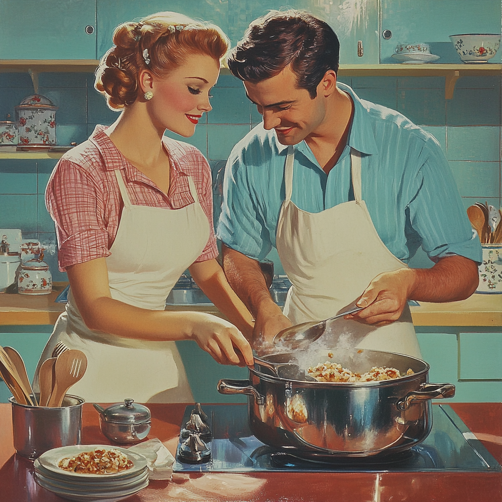 A retro 1950s-style illustration showing a smiling couple in aprons cooking together at a stove in a brightly colored vintage kitchen.