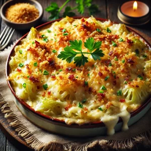 A casserole dish of cabbage au gratin, featuring creamy layers of cabbage, melted Swiss cheese, crispy breadcrumbs, and crumbled bacon. Garnished with fresh parsley and chopped green onions, the dish is golden and bubbly, placed on a rustic wooden table.