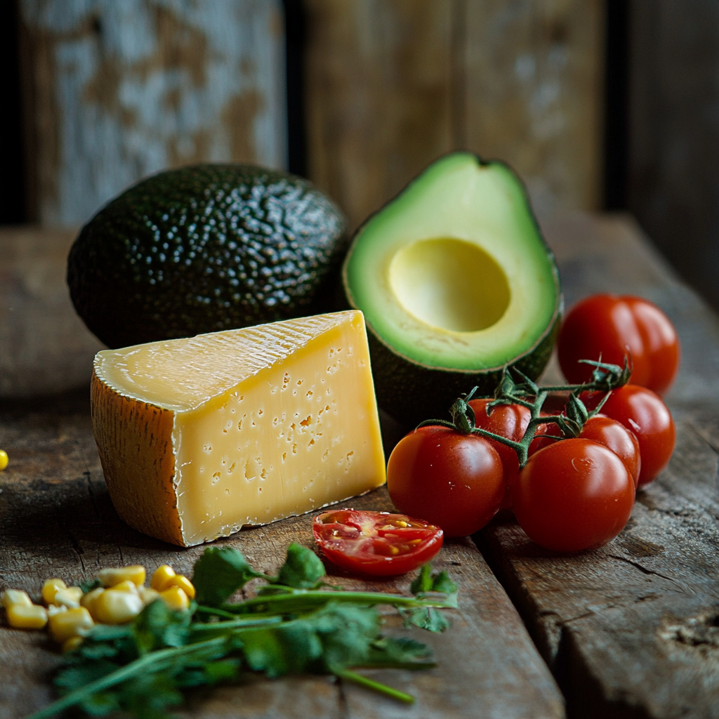 A rustic wooden table displaying fresh ingredients, including a wedge of cheese, ripe avocados, cherry tomatoes on the vine, cilantro, and corn kernels.