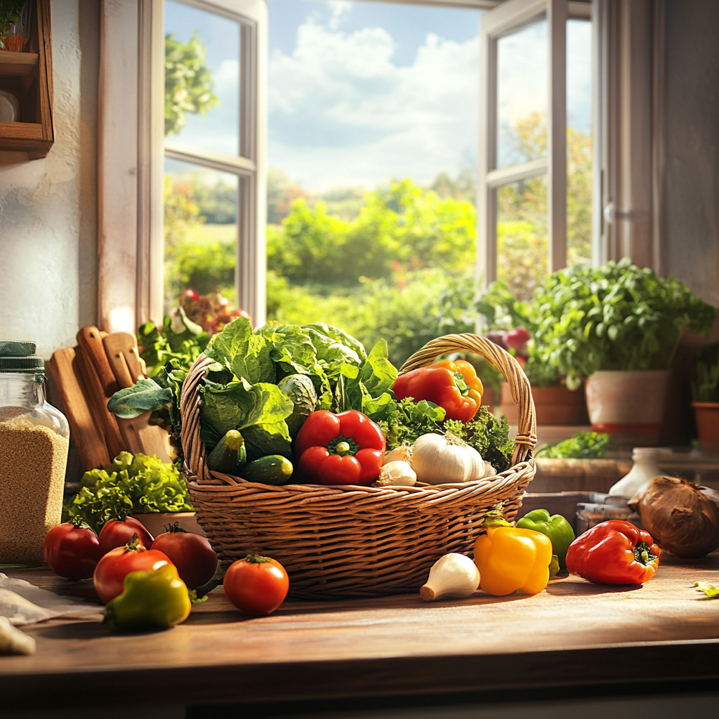 Garden veggies in a basket to make Victory Soup.