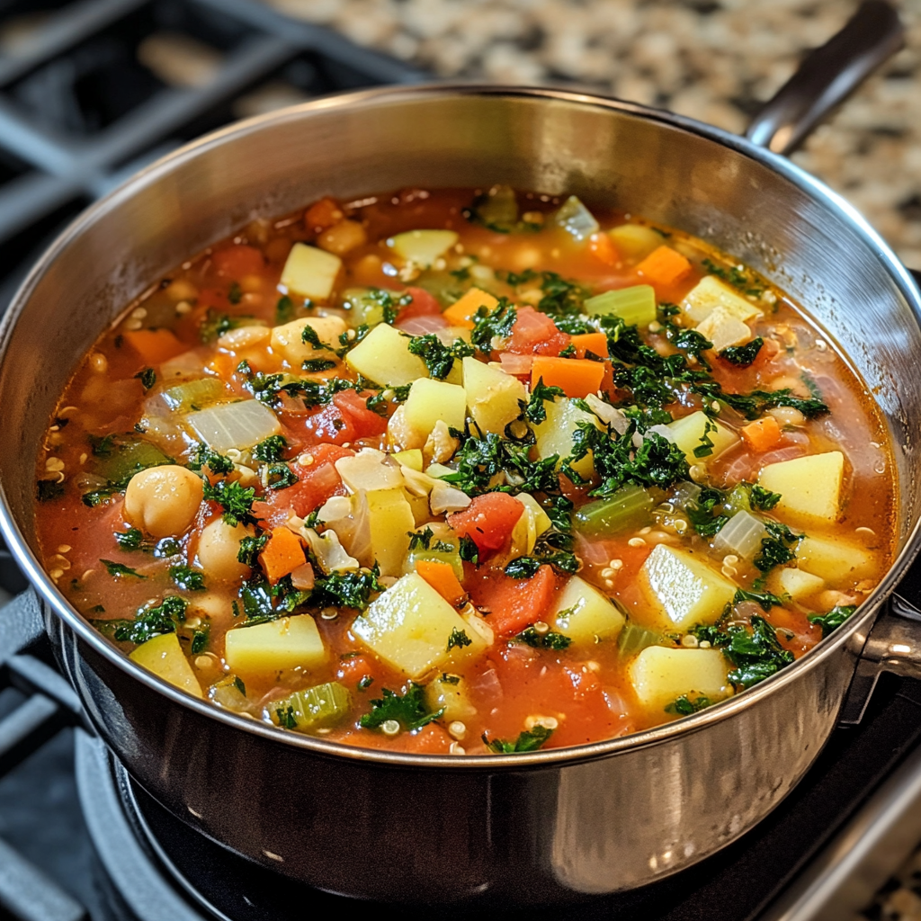 Pot of Victory Soup simmering on the stove