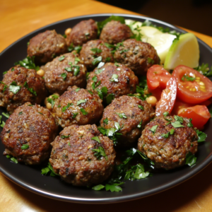 A plate of Moroccan-inspired meatballs served with fresh parsley garnish, sliced tomatoes, and lemon wedges. The meatballs are golden-brown and look tender and juicy, sitting atop a bed of vibrant green herbs, with a rustic, inviting presentation. Perfect for showcasing a comforting yet flavorful homemade dish.