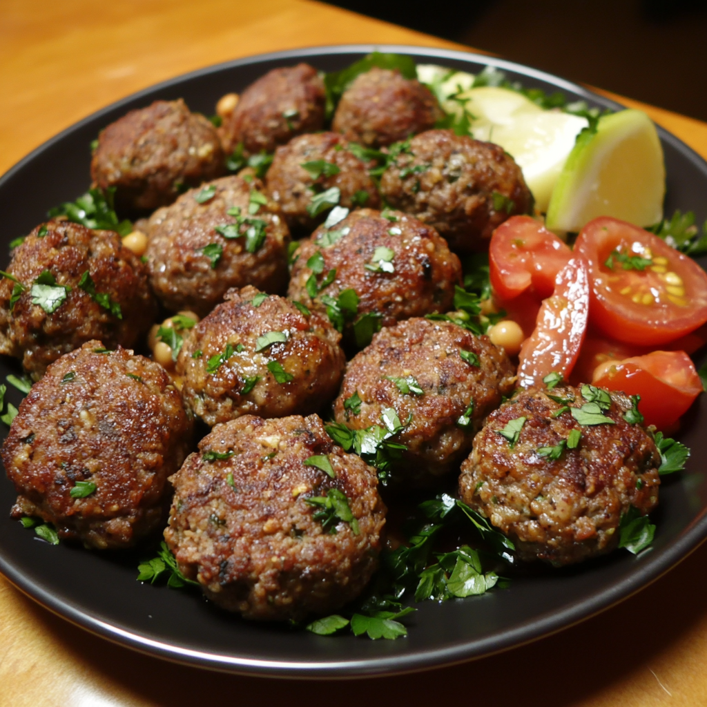 A plate of Moroccan-inspired meatballs served with fresh parsley garnish, sliced tomatoes, and lemon wedges. The meatballs are golden-brown and look tender and juicy, sitting atop a bed of vibrant green herbs, with a rustic, inviting presentation. Perfect for showcasing a comforting yet flavorful homemade dish.