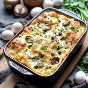 Golden-baked spinach and mushroom breakfast casserole in a rectangular dish, topped with sliced mushrooms and fresh green herbs, surrounded by fresh eggs, mushrooms, and spinach leaves on a rustic surface.