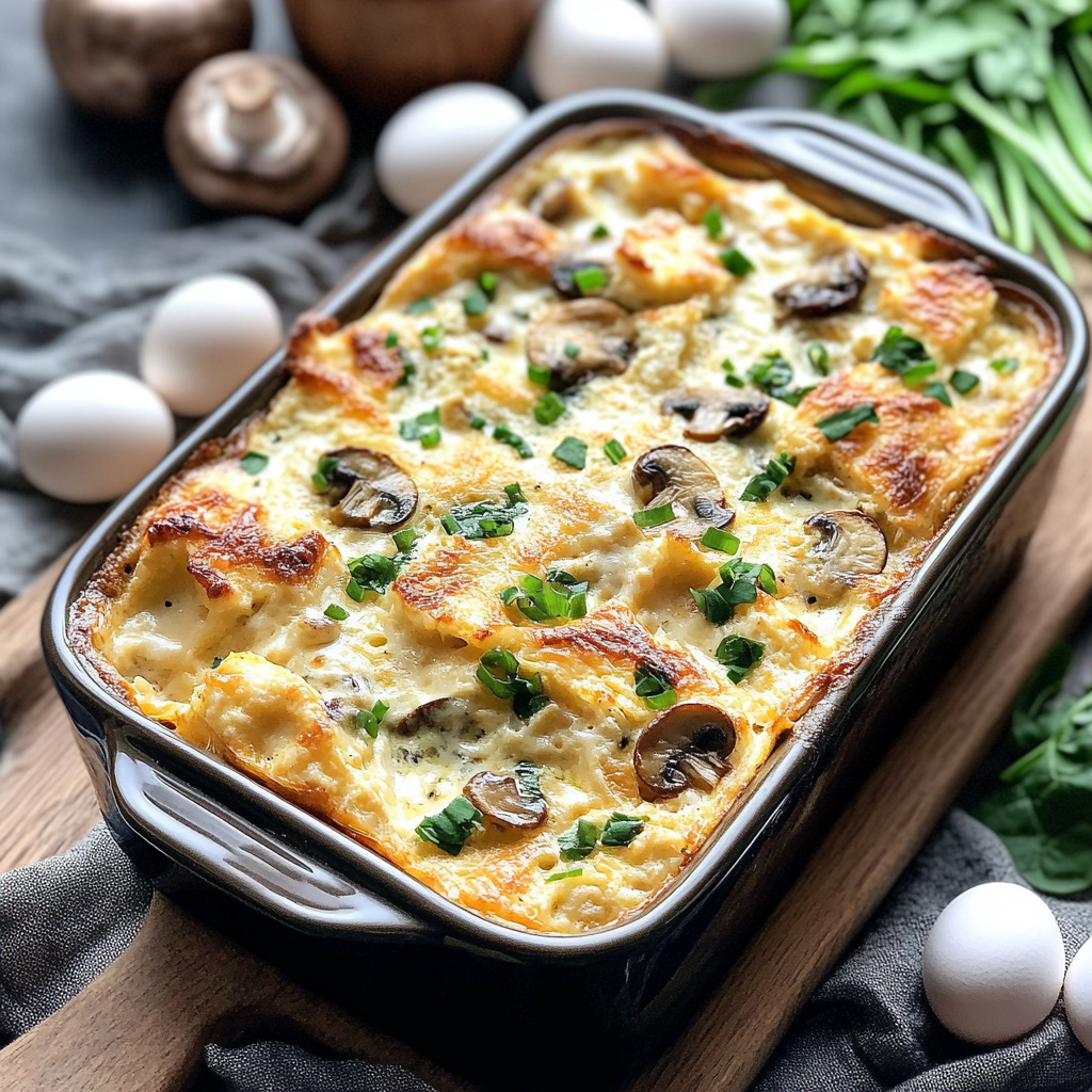 Golden-baked spinach and mushroom breakfast casserole in a rectangular dish, topped with sliced mushrooms and fresh green herbs, surrounded by fresh eggs, mushrooms, and spinach leaves on a rustic surface.