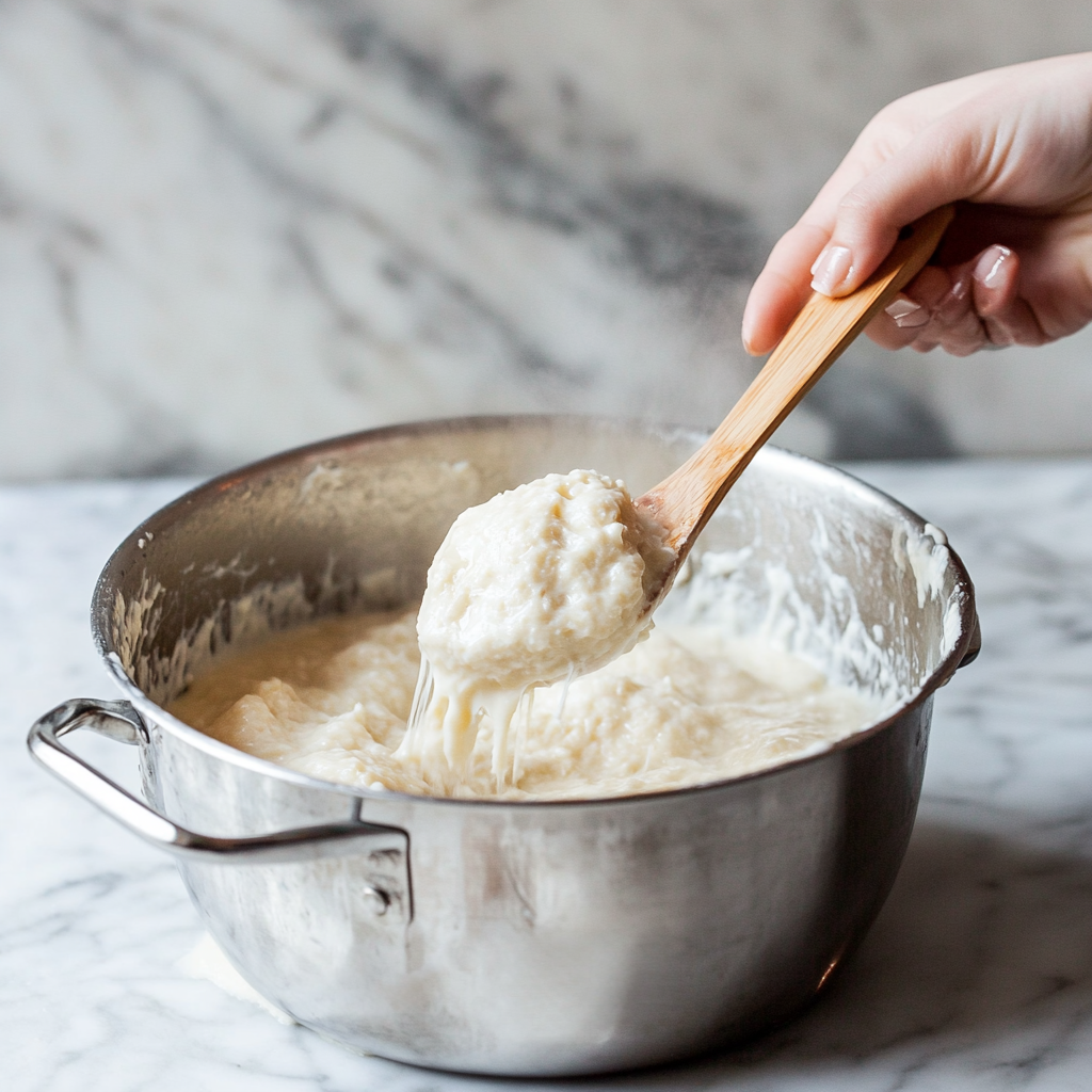 A close-up of a hand holding a wooden spoon scooping fluffy dumpling batter from a stainless steel mixing bowl. The batter has a soft, stretchy texture, and the bowl is placed on a marble countertop, highlighting the process of preparing dumplings for a homemade dish.