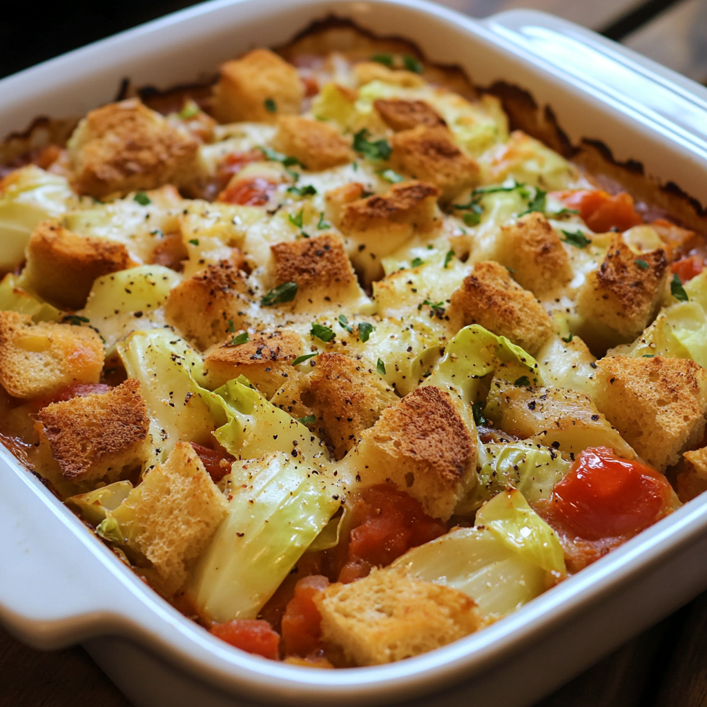 Close-up of a baked cabbage casserole in a white dish. The dish features vibrant cabbage wedges, juicy stewed tomatoes, golden toasted bread cubes, and melted cheddar cheese. Garnished with a sprinkle of fresh herbs and cracked black pepper, the casserole looks crispy and inviting.