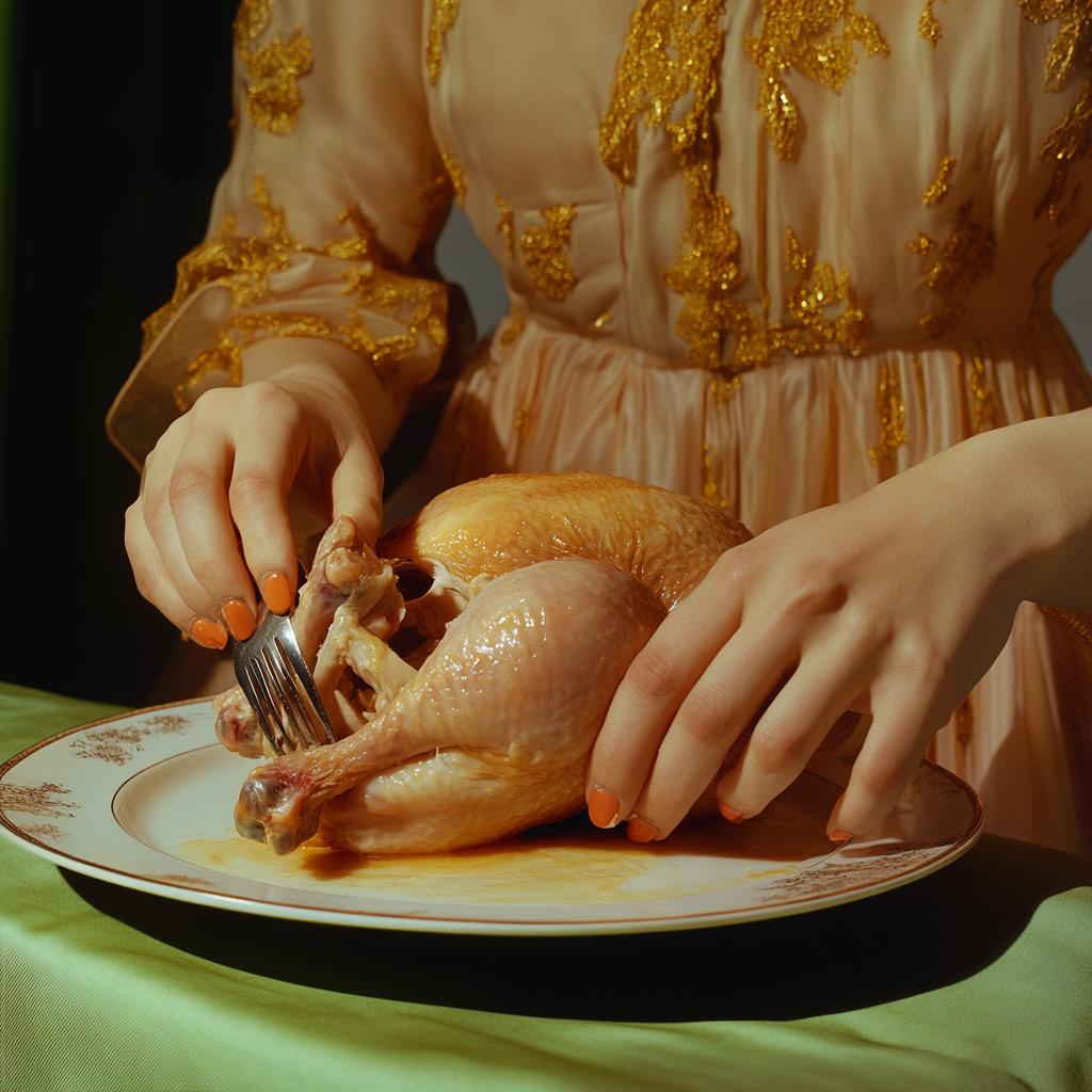 A pair of feminine hands with neatly painted orange nails carefully deboning a whole cooked chicken using a fork and fingers. The chicken is placed on a decorative porcelain plate with golden accents, set on a green tablecloth. The individual is wearing an elegant dress adorned with gold embroidery, creating a refined yet traditional cooking atmosphere.