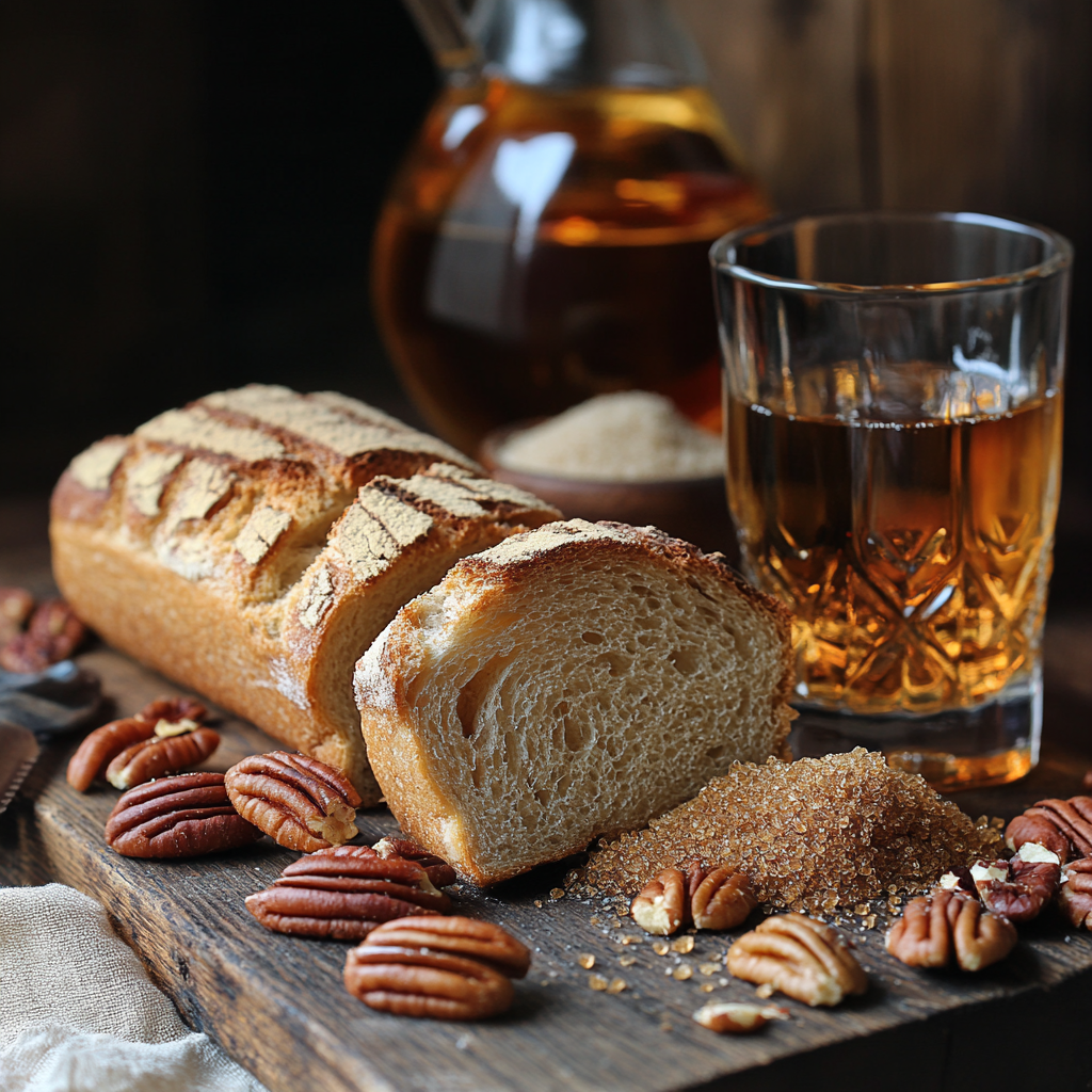 A rustic arrangement featuring a freshly baked loaf of French bread, partially sliced, surrounded by toasted pecans and a pile of brown sugar on a wooden cutting board. A glass of bourbon and a carafe of syrup sit in the background, adding warmth and richness to the scene.