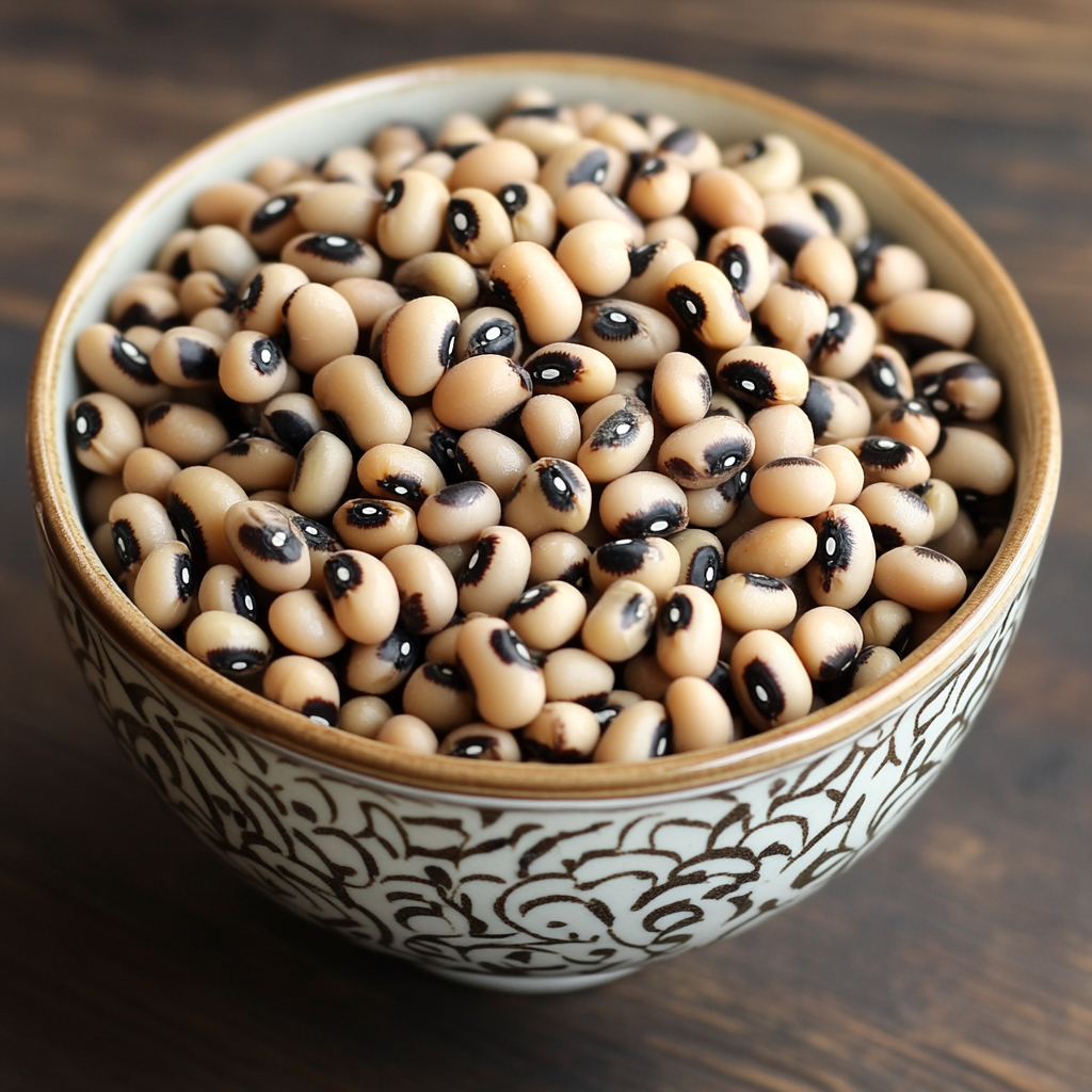 A decorative bowl filled with uncooked black-eyed peas, showcasing their distinctive beige color with dark spots, symbolizing traditional Southern cuisine.