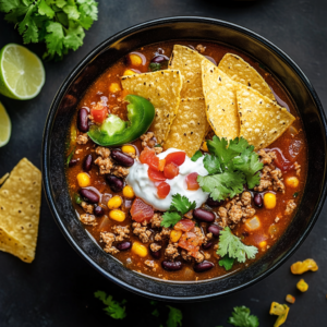 A bowl of taco soup garnished with sour cream, fresh cilantro, tortilla chips, and jalapeño slices, surrounded by lime wedges and cilantro leaves.