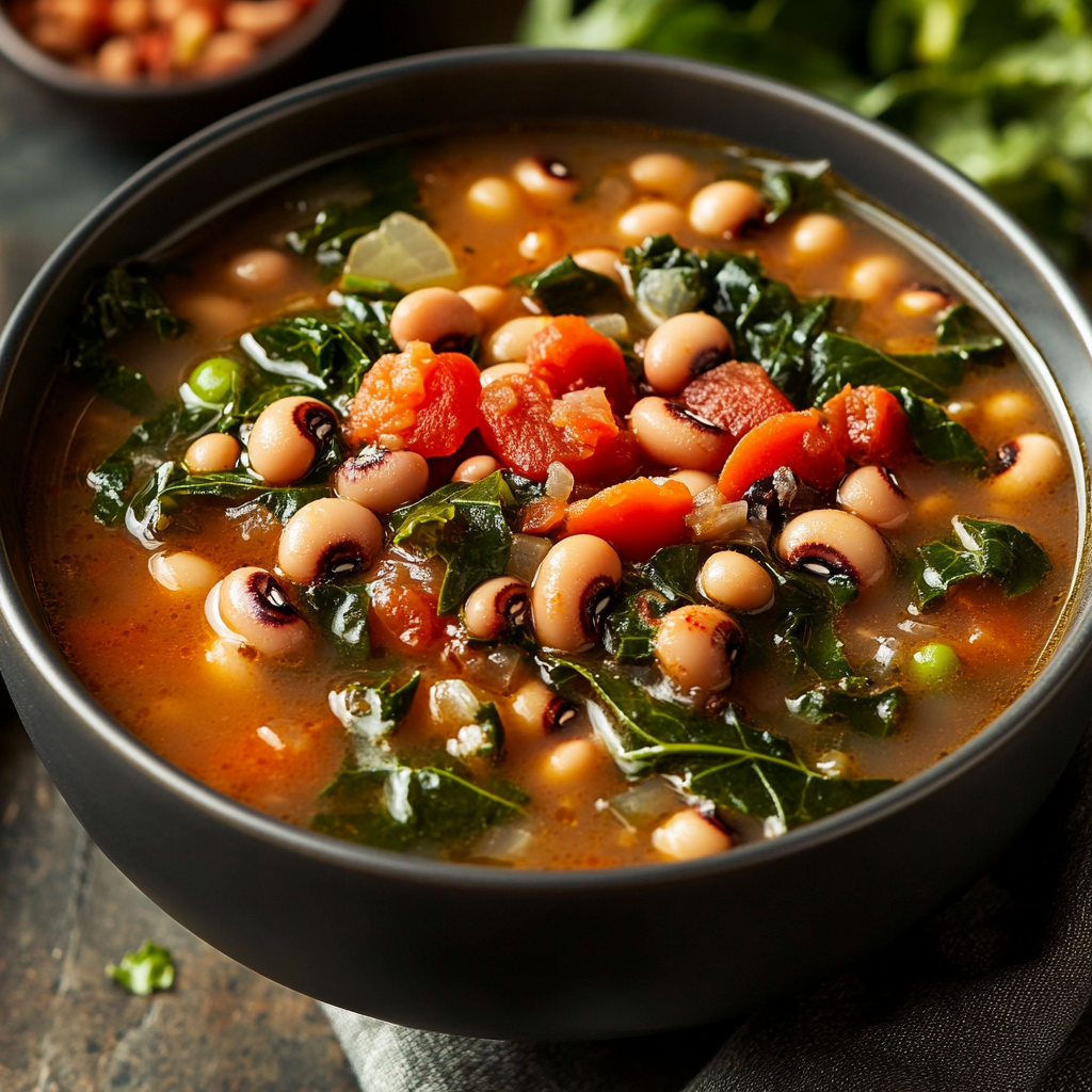 Close-up of a bowl of New Year’s Black-Eyed Pea Soup, featuring tender black-eyed peas, smoky andouille sausage, vibrant collard greens, and diced tomatoes in a flavorful broth. The hearty dish is garnished with visible chunks of sausage and greens, capturing the essence of Southern comfort food.