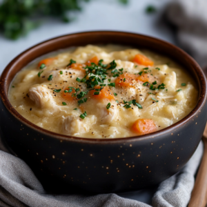 A bowl of creamy chicken and dumplings garnished with fresh chopped herbs and cracked black pepper. The dish features tender pieces of chicken, soft carrots, and a rich, hearty broth. The rustic black bowl sits on a light gray napkin with a blurred background of fresh parsley, evoking a comforting homemade meal.
