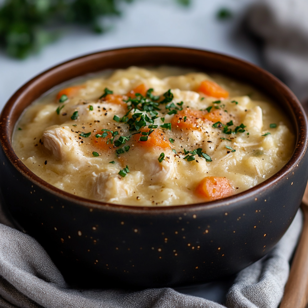 A bowl of creamy chicken and dumplings garnished with fresh chopped herbs and cracked black pepper. The dish features tender pieces of chicken, soft carrots, and a rich, hearty broth. The rustic black bowl sits on a light gray napkin with a blurred background of fresh parsley, evoking a comforting homemade meal.