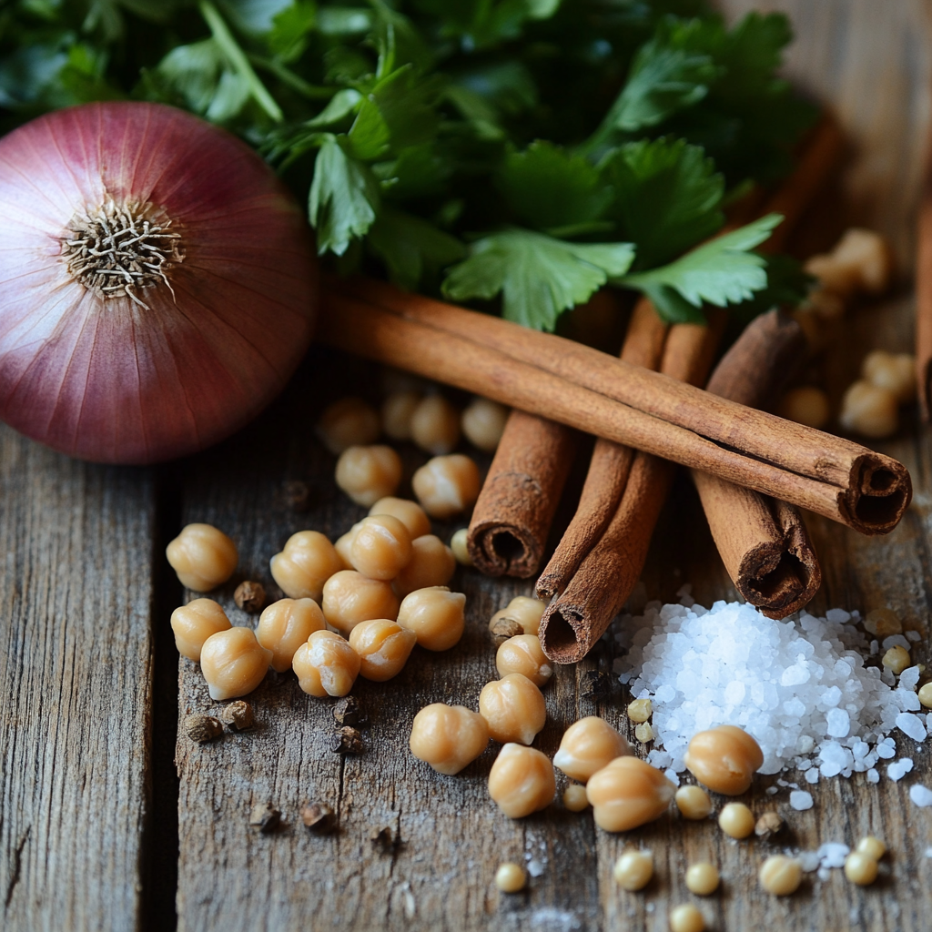 A rustic display of ingredients for a Moroccan-inspired dish, featuring a red onion, cinnamon sticks, fresh parsley, chickpeas, and coarse sea salt, all beautifully arranged on a wooden surface. The composition highlights the natural textures and vibrant colors of the ingredients, evoking warmth and authenticity.