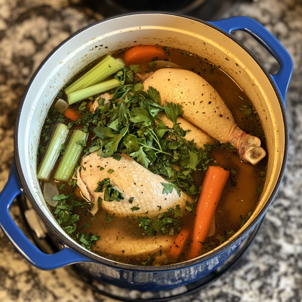 A blue Dutch oven filled with simmering broth, whole chicken pieces, celery stalks, carrots, and fresh parsley, capturing the process of preparing homemade chicken and dumplings. The vibrant ingredients float in a golden broth, sitting on a speckled kitchen countertop, highlighting the comforting and rustic cooking process.