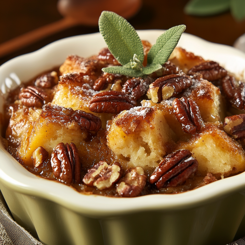A close-up of bourbon pecan bread pudding in a round ceramic dish, featuring golden brown cubes of bread, caramelized topping, and toasted pecans, garnished with a fresh sage leaf for a rustic and inviting presentation.
