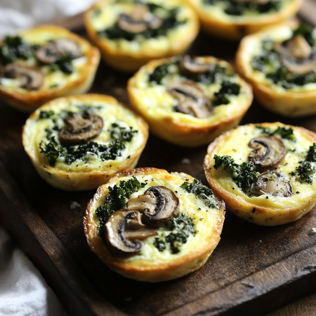 Close-up of homemade copycat Starbucks mushroom and kale egg bites. The egg bites are golden brown with a fluffy texture, topped with sautéed kale and slices of baby bella mushrooms, arranged on a wooden board for a rustic presentation.