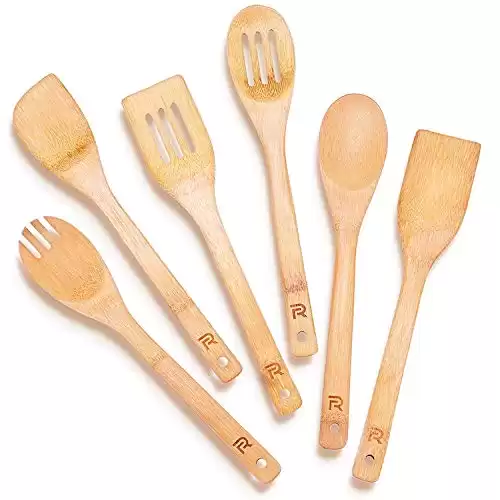 Riveira Bamboo Wooden Spoons for Cooking 6-Piece, Apartment Essentials Wood Spatula Spoon Nonstick Kitchen Utensil Set Premium Quality Housewarming Gifts for Everyday Use