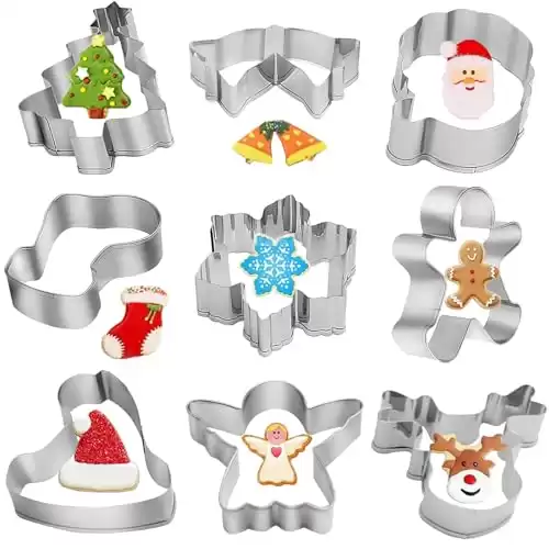 9PCS Cookie Cutters, Stainless Steel Biscuit Cutter, Snowman, Snowflake, Santa Claus,Gingerbread Man, Christmas Tree, Elk, Stockings Cookie Cutters for Biscuit, Fondant (Style 2)