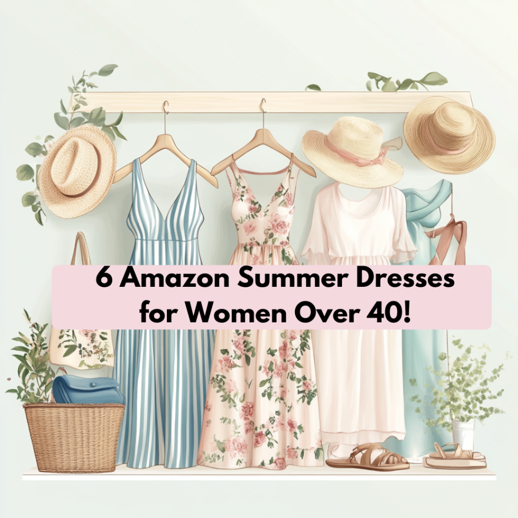 An elegant and feminine summer wardrobe display featuring three stylish dresses on wooden hangers, complemented by straw hats, sandals, and a woven handbag. The text overlay reads, "6 Amazon Summer Dresses for Women Over 40!" in a soft pink banner.