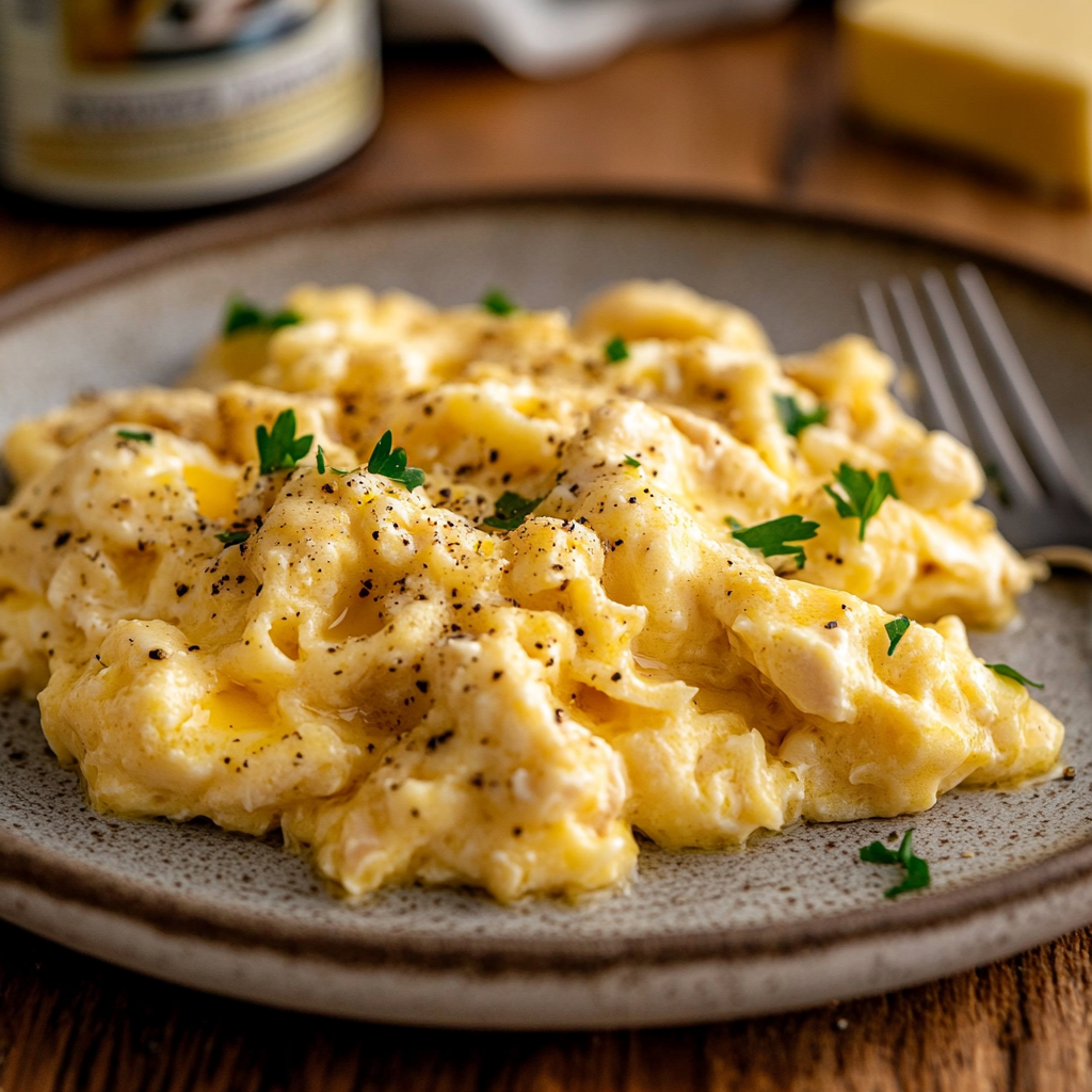 A close-up of creamy scrambled eggs mixed with chicken and noodles, garnished with fresh parsley and black pepper, served on a rustic ceramic plate