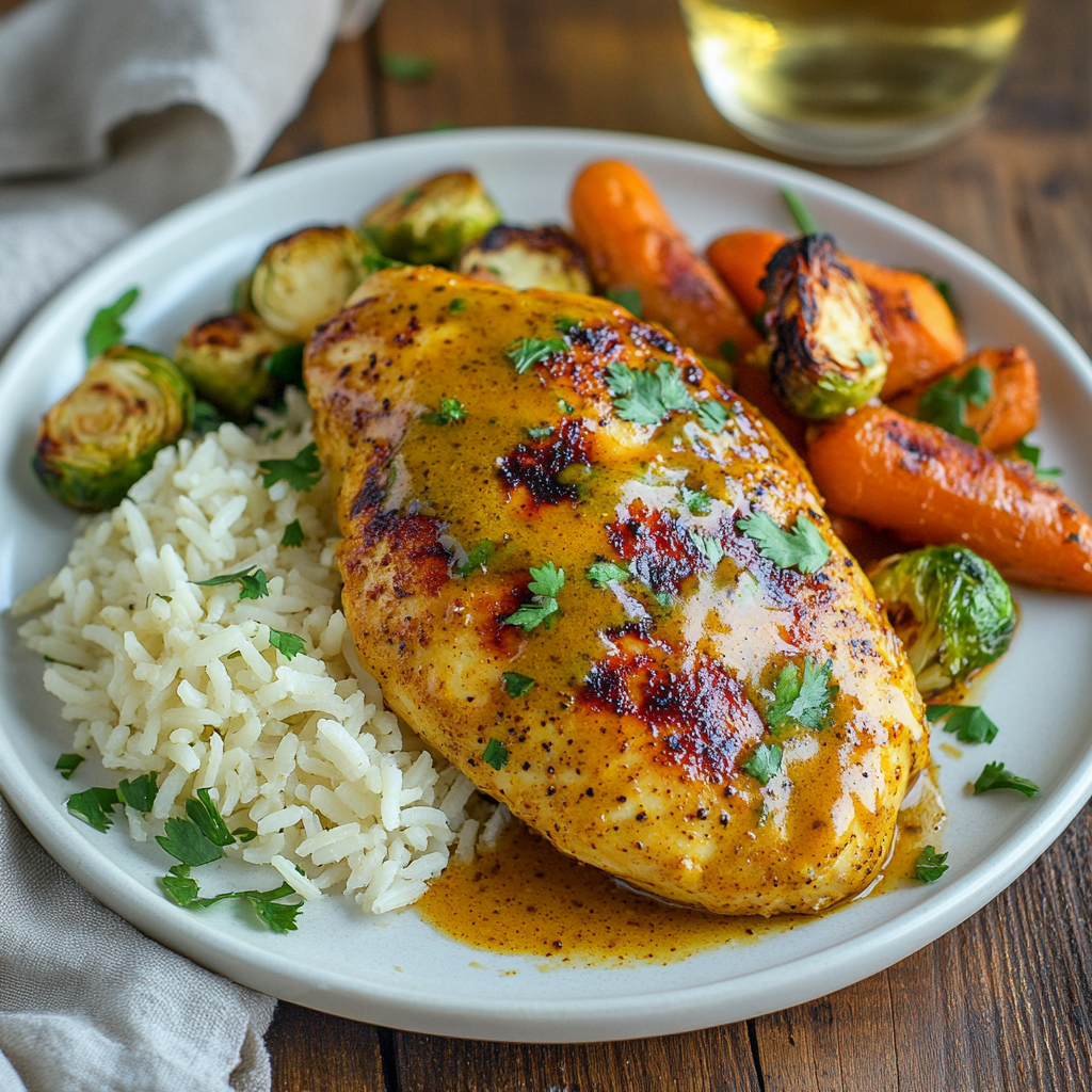 A plate of oven-baked curried honey mustard chicken with a golden glaze, served with fluffy jasmine rice, roasted Brussels sprouts, and caramelized carrots, garnished with fresh parsley.