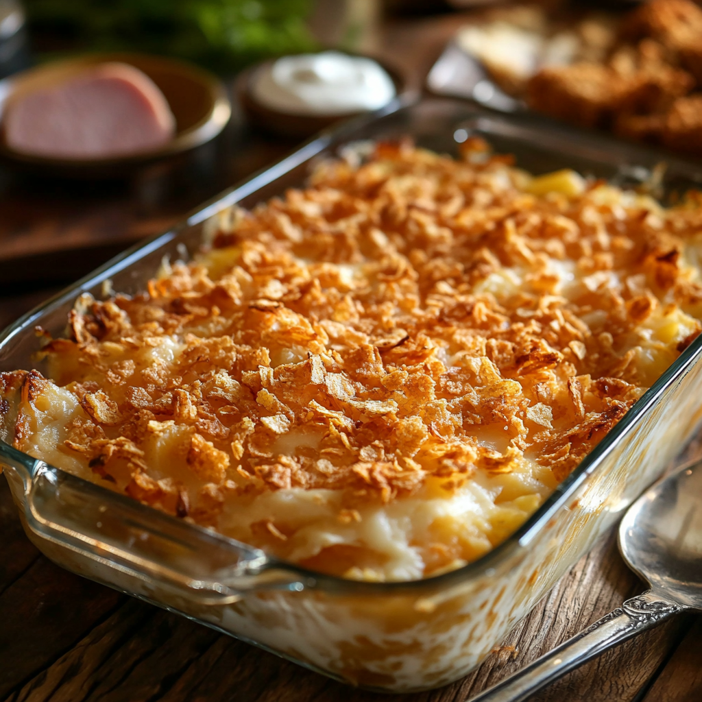 A freshly baked dish of Funeral Potatoes with a golden, crispy corn flake topping in a glass casserole dish, placed on a rustic wooden table.