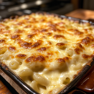 A close-up of a golden, bubbly homemade baked macaroni and cheese with a crispy cheese crust. The creamy pasta is perfectly layered with melted cheddar, muenster, and gouda.