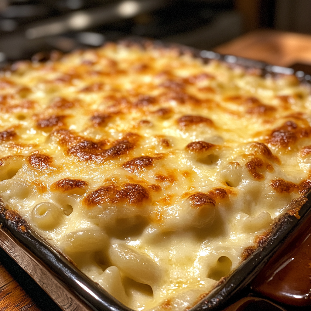 A close-up of a golden, bubbly homemade baked macaroni and cheese with a crispy cheese crust. The creamy pasta is perfectly layered with melted cheddar, muenster, and gouda.