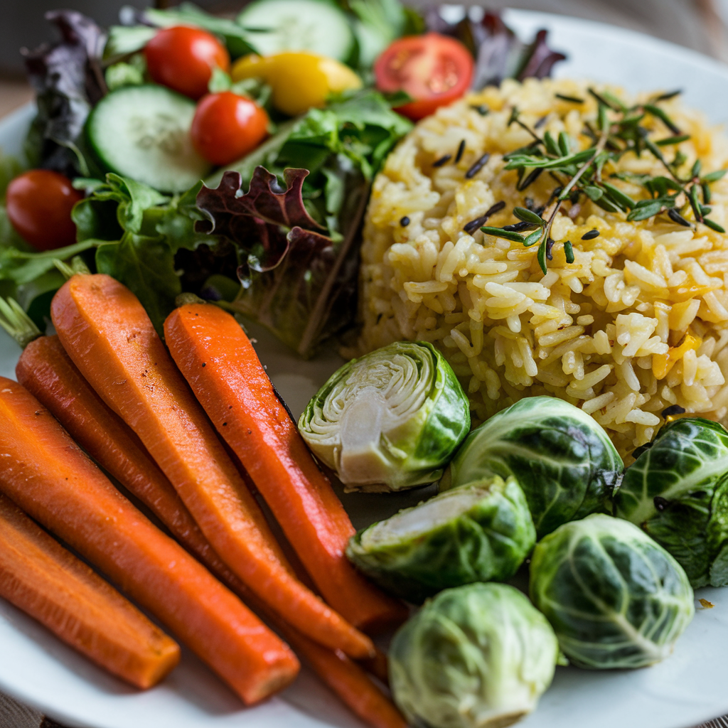 A plate of side dishes featuring fluffy turmeric-infused rice garnished with fresh herbs, roasted baby carrots, Brussels sprouts, and a crisp garden salad with cherry tomatoes and cucumber slices.