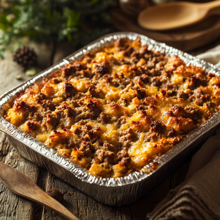 A freshly baked Southern Cornbread Dressing in a large disposable aluminum pan, with a golden brown, crispy top and moist, flavorful interior, set on a rustic wooden table with a wooden spoon nearby.