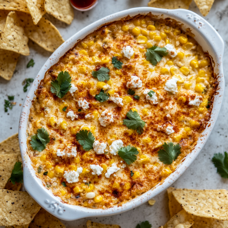 A baked Spicy Hot Corn Dip in a white oval dish, topped with melted cheese, crumbled feta, fresh cilantro, and a sprinkle of chili powder, surrounded by tortilla chips.