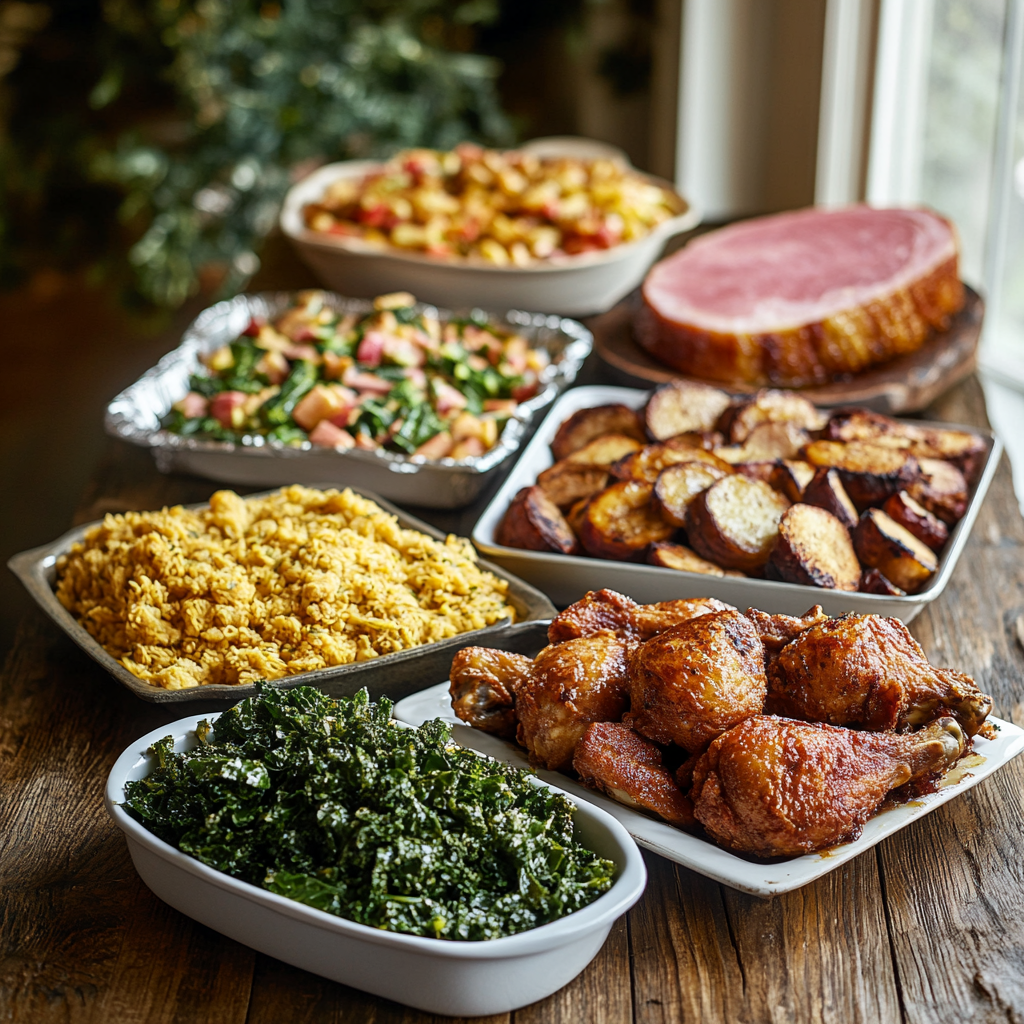 A delicious Southern-style meal featuring crispy fried chicken, roasted potatoes, collard greens, seasoned rice, and baked ham, perfect sides for homemade baked macaroni and cheese.