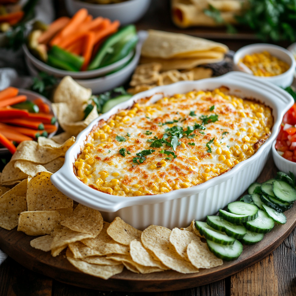 A beautifully plated Spicy Hot Corn Dip in a white casserole dish, topped with melted cheese and fresh cilantro, surrounded by tortilla chips, sliced cucumbers, and fresh veggies.