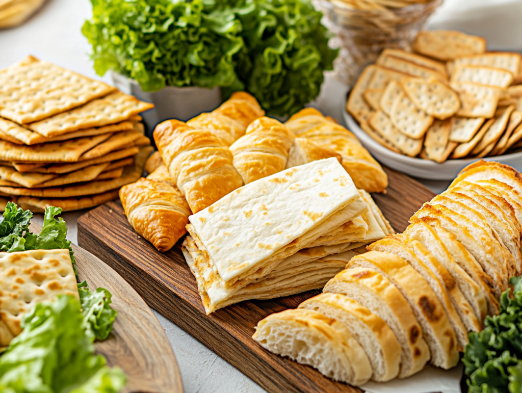 A variety of serving options for Dill Pickle Chicken Salad, including flaky croissants, crispy crackers, sliced toasted bread, soft pita, and fresh lettuce. The assortment is arranged on a rustic wooden board, offering versatile ways to enjoy this flavorful dish.