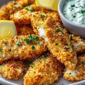 Golden, crispy baked chicken strips coated in a Parmesan-breadcrumb crust, garnished with fresh parsley and served with a side of creamy tzatziki sauce and lemon wedges.