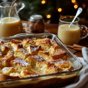 Golden baked eggnog French toast casserole in a glass dish, dusted with powdered sugar, surrounded by glasses of eggnog, cinnamon sticks, and soft holiday lights in the background.