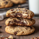 Close-up of thick, chewy Neiman Marcus cookies stacked on a rustic wooden surface, filled with melty chocolate chunks and chopped nuts.