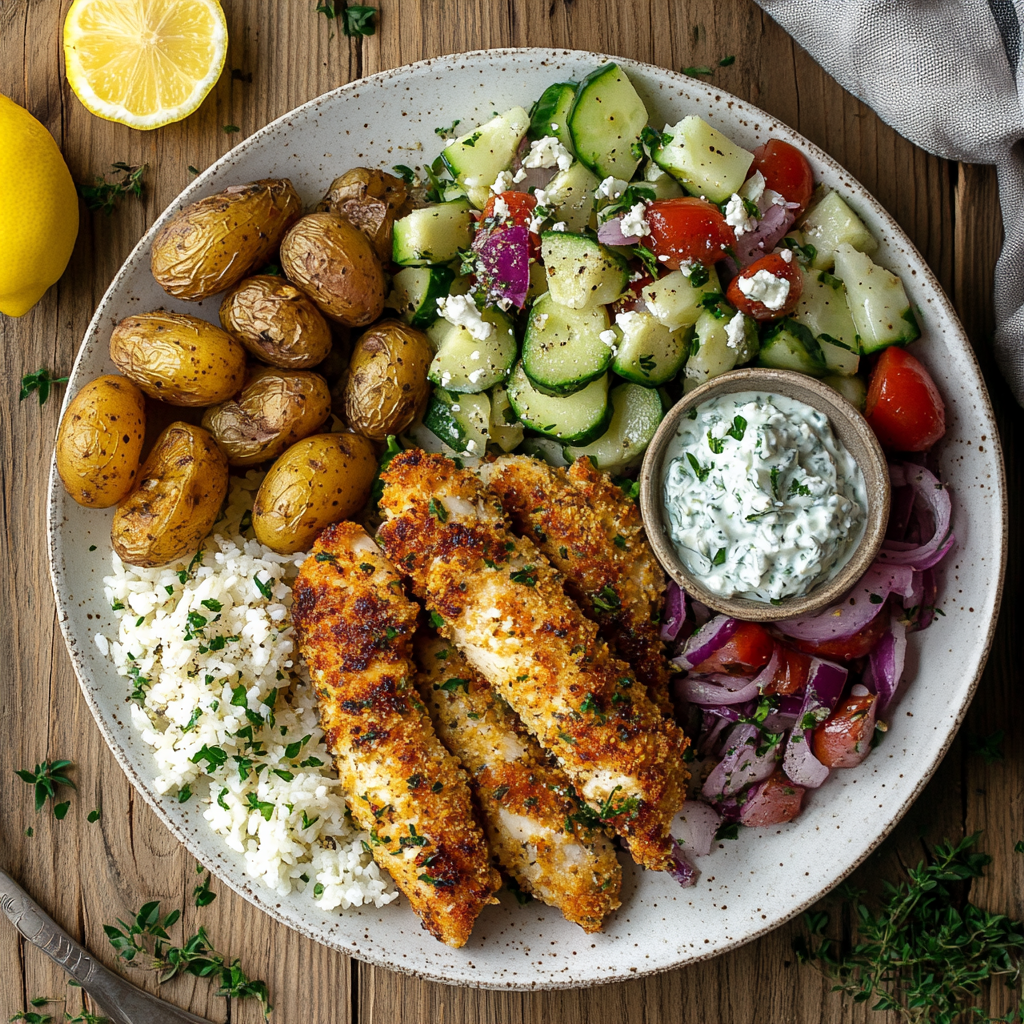 A beautifully arranged Mediterranean meal featuring crispy Tzatziki Parmesan Chicken Strips served with fluffy rice, roasted baby potatoes, a fresh Greek salad with cucumbers, tomatoes, red onions, and feta, and a side of creamy tzatziki sauce on a rustic ceramic plate. The dish is garnished with fresh herbs and presented on a wooden table for a warm and inviting dining scene.