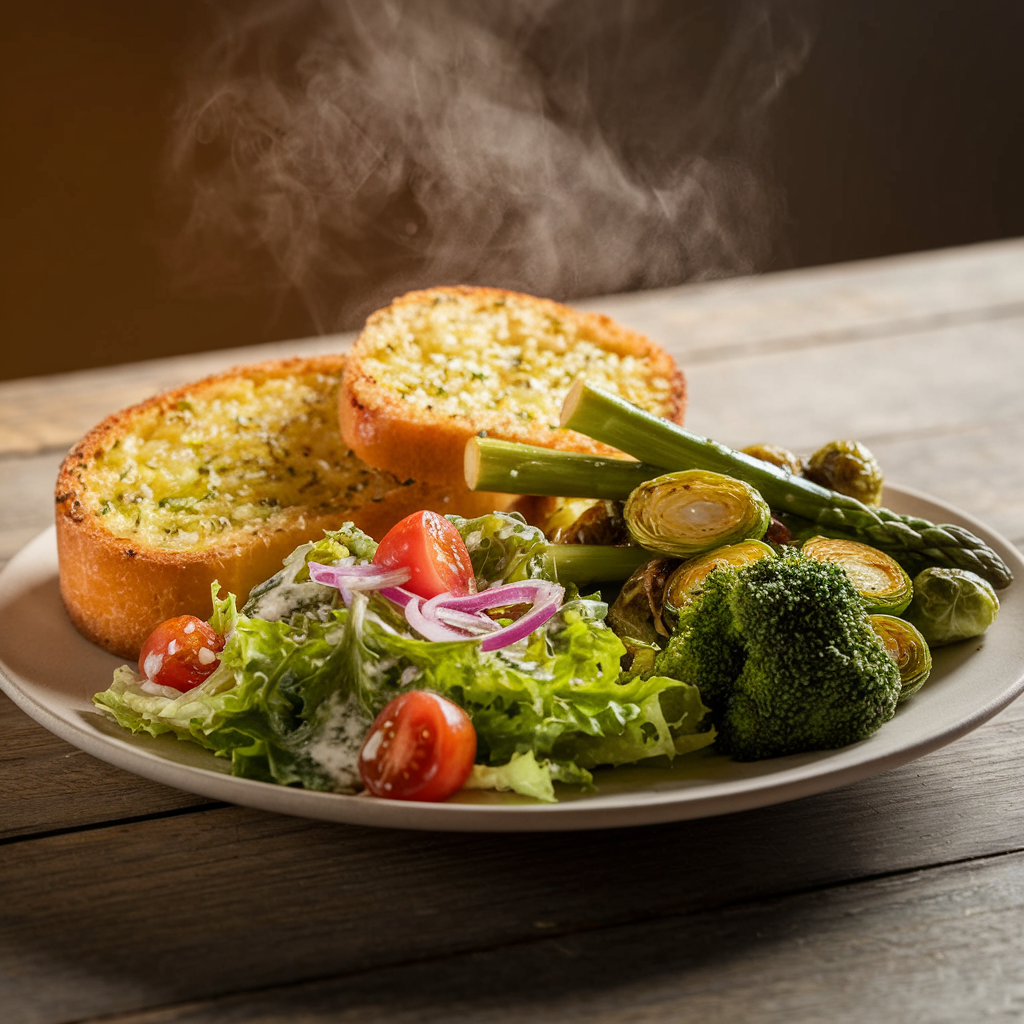 A plate featuring crispy garlic bread, a fresh green salad with cherry tomatoes and red onions, and a mix of roasted vegetables, including asparagus, Brussels sprouts, and broccoli.