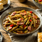 A rustic ceramic bowl filled with green beans, diced tomatoes, green chilis, bacon pieces, and onion slices, simmered in savory broth, served on a wooden table.