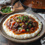 A hearty plate of grits and grillades featuring creamy white grits topped with braised beef in a rich Creole tomato gravy, garnished with fresh parsley and green onions.